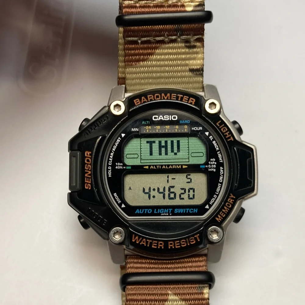 Casio PRT-20 Vintage digital watch, new battery, light works, desert camo nato